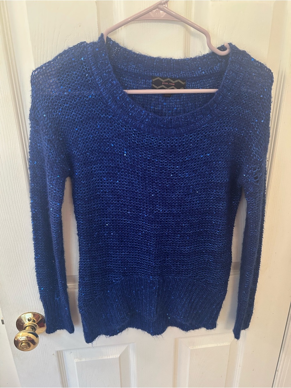 Pink Rose Royal Blue Sequin Crew Neck Sweater